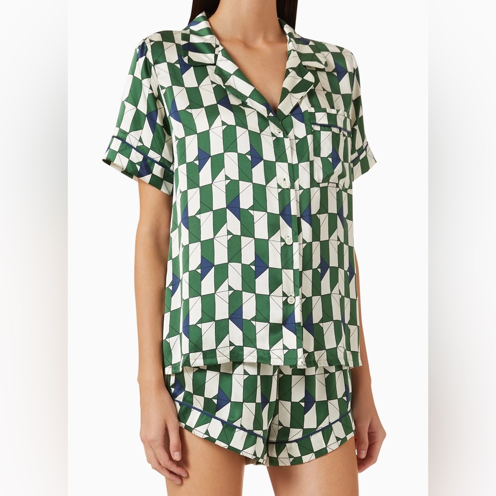Eberjey Inez Washable Silk Printed Short PJ Set Green/White/Blue Geo-Print